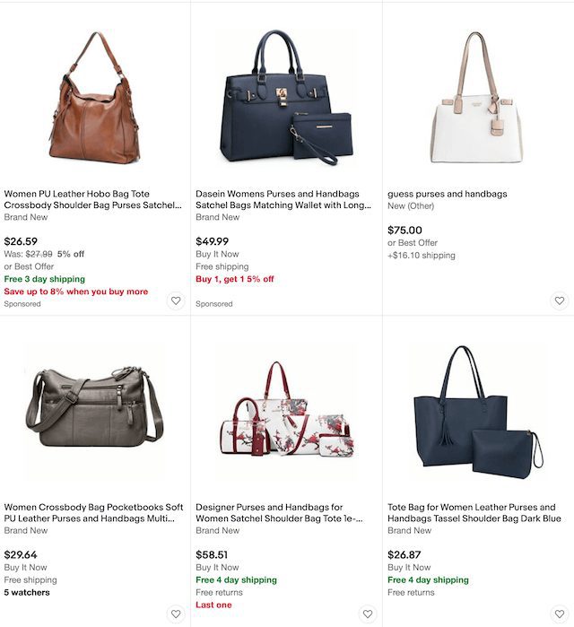 Screenshot of purses for sale on eBay