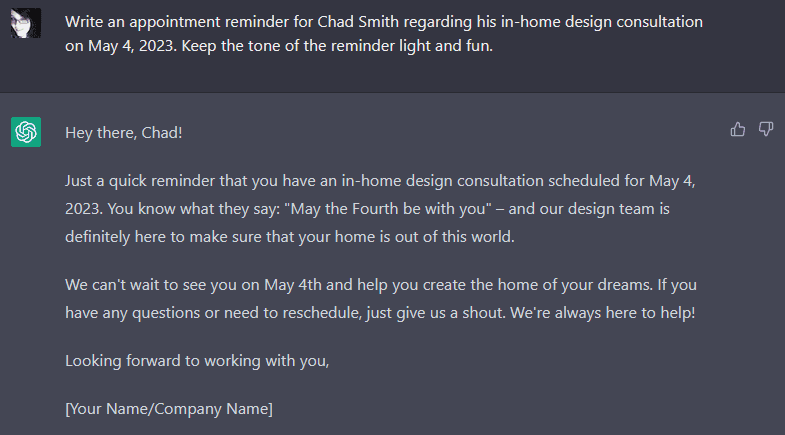 ChatGPT response to AI prompt asking for an appointment reminder message.