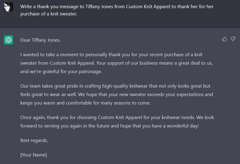 ChatGPT response to a prompt requesting a thank you note for a customer