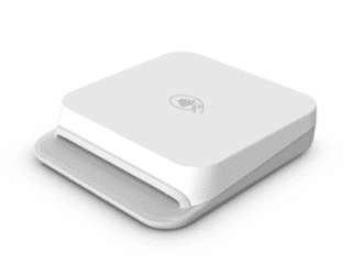 The square and white Stripe M2 reader sits against a white background.